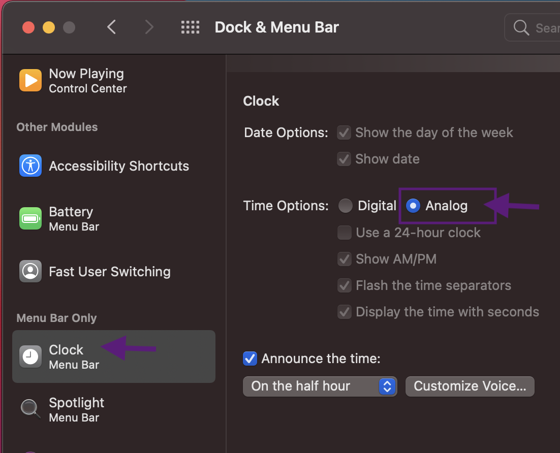 Select Time Option as Analog under Dock and Menu Bar Options